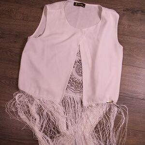 0408 Berly White Fringe Vest with Sheer Lace Back – Size 46 (M/L Fit)